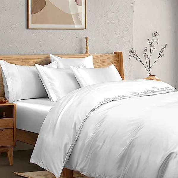 Manyshofu 6Pcs Pure White Satin Duvet Cover Set Queen Size with Satin Fitted Sheet - Not Comforter, Silky Comforter Cover Set Satin Duvet Bed Sheets (4 Pillowcases, 1 Duvet Cover, 1 Fitted Sheet)