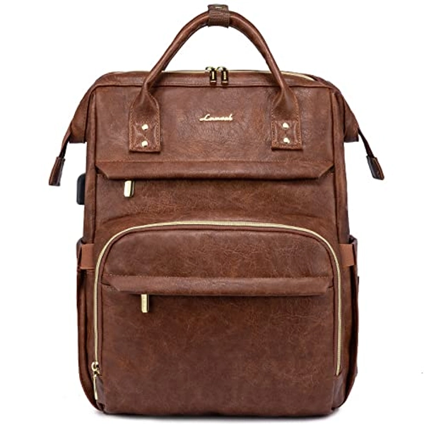 LOVEVOOK Leather Laptop Backpack for Women 17 inch,Travel Backpack Purse Nurse Teacher Backpack Computer Laptop Bag,Professional College Business Work Bags Carry On Backpack with USB Port,Red Brown