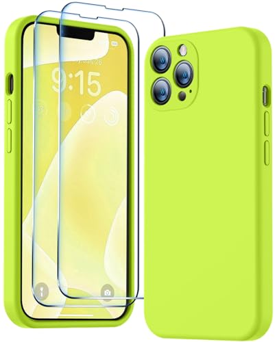 BossKiss Compatible with iPhone 13 Pro Max Case, Premium Liquid Silicone Case [Velvety Touch] [2 Pcs 9H Tempered Glass Screen Protector], Camera All-Round Shockproof Kit Case, Fluorescent Green - iPhone 13 Pro Max 6.7inch - Fluorescent Green