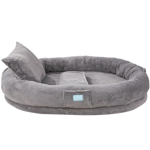 GUYINSPECTRE Orthopedic Plufl Human Size Dog Bed 70.9"x49.2"x10.6" for Adult Adjustable Waterproof Adult Dog Bed with Removable Washable Cover Present Pillow Blanket-Grey
