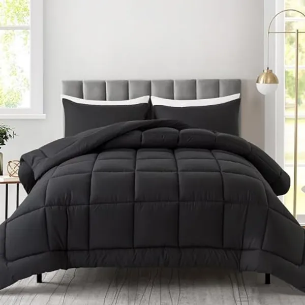WhatsBedding Queen Comforter Set, Black Lightweight 3 Pieces Bedding Set for All Season Soft Down Alternative Bed Set with 2 Pillowcases, Queen Size,88"x90"