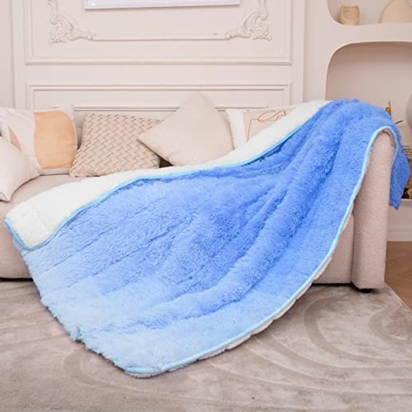 yescool Faux Fur Weighted Blanket 60"x80" 20lbs,Fuzzy Cozy Shaggy Weighted Blanket Queen Size for Adult，Fluffy Sherpa Comfy Heavy Blanket for Women Men,Warm Soft Plush Blue Blanket for Couch Sofa Bed