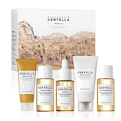 SKIN1004 Madagascar Centella Travel Kit, Toner, Ampoule, Soothing Cream, Cleansing Oil, Ampoule Foam, Basic Skincare Box, Compact Size, Soothing Calming