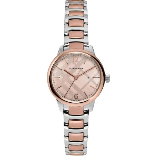 Burberry Dames Zwitserse klassieke ronde tweekleurige roestvrijstalen armband BU10117, roestvrij staal, de stad rond, Roestvrij staal, grijs, rose goud, Ronde