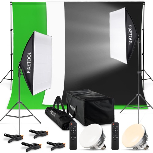 PIXETOOL Green Screen 2,8 x 1,8M met achtergrondsysteem 2 x 2M – Fotostudio Set – Greenscreen Set – Inclusief Wit en Zwart achtergronddoek, Softbox, Lamphouders, LED lampen & Draagtas