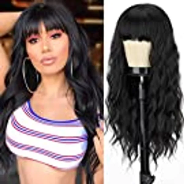 MERISIHAIR Long Black Wig with Bangs,Synthetic Wavy Bang Black Wigs for Women, Women Long Curly Heat Resistant Black Hair Wig ,Cosplay Selena Black Wig 24 Inches(Black)