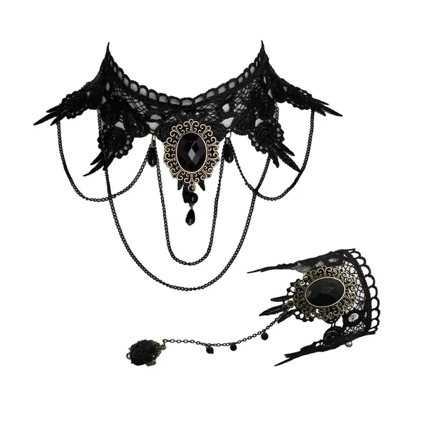 Milakoo Black Lace Gothic Lolita Pendant Choker Necklace Lace Slave Bracelet Wristband Ring Set