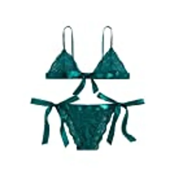 SweatyRocks Women's Sexy Floral Lace Scalloped Trim Self Tie Panty Mesh Lingerie Set