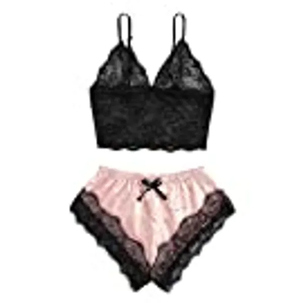 SweatyRocks Women's Lace Cami Top with Shorts with Panties 2 Piece Set Sexy Lingerie Pajama Set