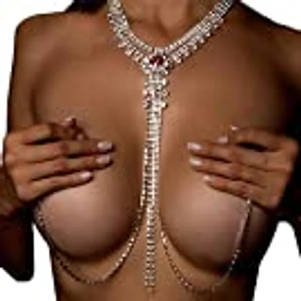 Rhinestone Bra Body Chain Jewelry Crystal Body Chain Necklace Luxury Rhinestone Non Piercing Nipple Body Chain Bra for Women Nightclub Party (Red Bra Chain)