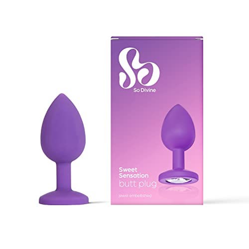 So Divine Sweet Sensation Purple Butt Plug, 100% quality silicone, 100% waterproof for use in the bath or shower, Insertable length: 6cm, Width: 10cm (widest point), includes velvet bag.