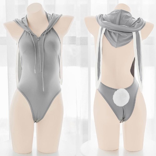 Bunny Ears Zipper Hooded Lingerie Set
