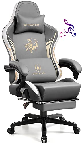 GTPLAYER Gaming Chair with Bluetooth Speakers and Footrest, Dragon Series Video Game Chair ，Heavy Duty Ergonomic Chair，Esports Gaming Chair，Computer Office Chair Blue (Gray) - Grey