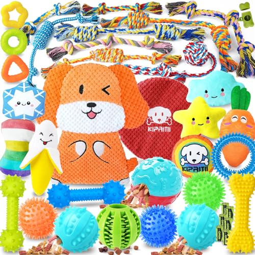 KIPRITII Puppy Toys for Dog Teething-39 Pack Exclusive Puppy Dog Chew Toys for Boredom with Rope Toys, Dog Treat Balls & Dog Toy for Puppy and Small Dogs, Hold a Bottle - 39 Pack Exclusive Toys (winking dog)