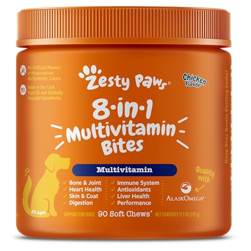 Zesty Paws Multivitamin Treats for Dogs - Glucosamine Chondroitin for Joint Support + Digestive Enzymes & Probiotics - Grain Free Dog Vitamin for Skin & Coat + Immune Health - Chicken Flavor - 90ct - Chicken - 90 Count (Pack of 1)