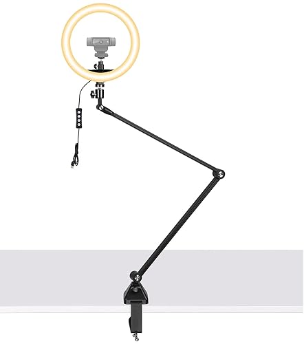 Acetaken Webcam Stand with 10'' Ring Light and Phone Holder Clamp Compatible with Logitech C920 Streamcam C930 C922 C925 Brio C615, Compatible with iPhone 14 13 12 11 Xs Xr