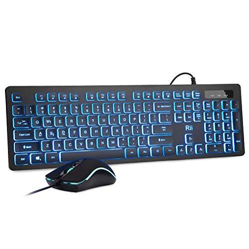 Rii RGB Keyboard and Mouse RK105, Wired Keyboard and Mouse Combo, USB Keyboard and Mouse Set,Quiet Input Gaming Keyboard,Optical RGB Mouse for School,Office,Business and Gaming