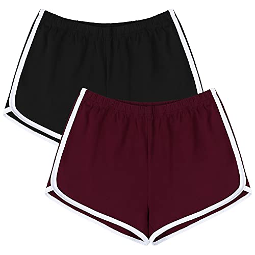URATOT Women's Cotton Shorts Gym Shorts Yoga Shorts Summer Running Active Shorts Dance Elastic Shorts, Pack of 2 - Medium - Black, Jujube Red