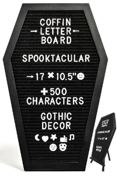 Nomnu Black Felt Coffin Letter Board - Gothic Decor Message Board - Horror Gothic Valentine Gifts - 17x10.5 Inches, 500 White Characters, Stand. Creepy Halloween Decor Letterboard