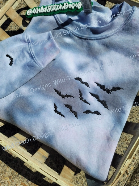 Bats Halloween Crewneck Sweatshirt, Embroidered Bats, Black Ice Tie Dye, Spooky Season Shirt, Fall, Sweater Weather Shirt, Frickin Bats