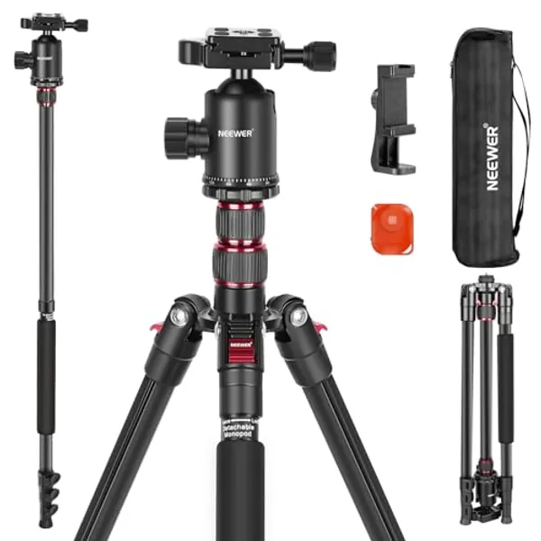 NEEWER 77” Camera Tripod Monopod with Phone Holder, Portable Travel Tripod with Remote, 360° Ball Head, 2 Axis Center Column, Arca QR Plate and Bag, Aluminum DSLR Tripod 34lb Max Load, TP77 - Travel Tripod with Remote