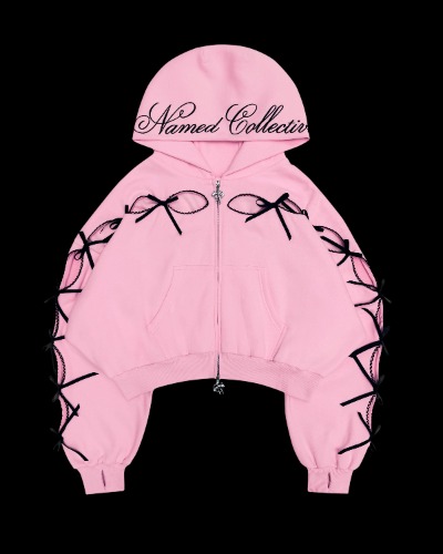 PRINC355 RIBBON CROP ZIP HOODIE BABY PINK | L/XL