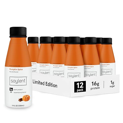 Soylent Complete Meal Replacement Shake, Pumpkin Spice, 16g Complete Protein, Ready-to-Drink Plant Based Protein Drink, 1g Sugar, 11oz (12 Pack) - Pumpkin Spice - 11 Fl Oz (Pack of 12)
