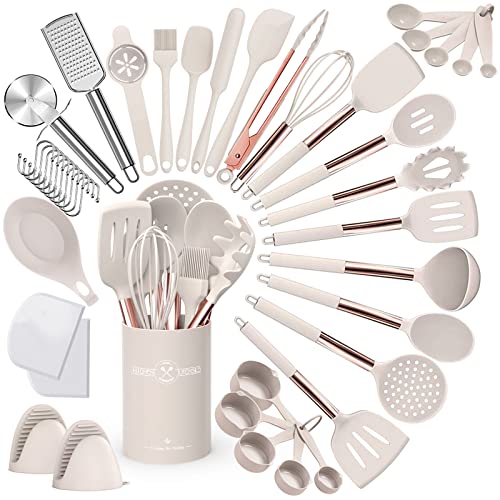 Umite Chef Silicone Kitchen Cooking Utensil Set, 43 pcs Spatula Utensils Set with Rose Gold Stainless Steel Handle, Non-stick Heat Resistant - Best Cookware Set-(Khaki) - Rose Gold Khaki