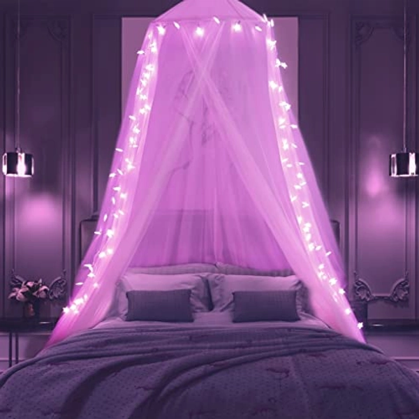 Pink Bed Canopy with 100 LED Star Lights, Princess Elegant Dome Canopy Bed Curtains with Pink Lights USB Powered, Bed Netting Canopy for Girls Women Valentines Day Suitable for Twin to King Size Bed