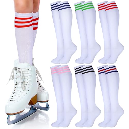 Unittype 6 Pair White Knee High Socks for Women Striped Long Tube Socks Roller Skate Skating Soccer Sports Stockings Gifts for Men Women Birthday Valentines Day St Patricks Day Easter Party