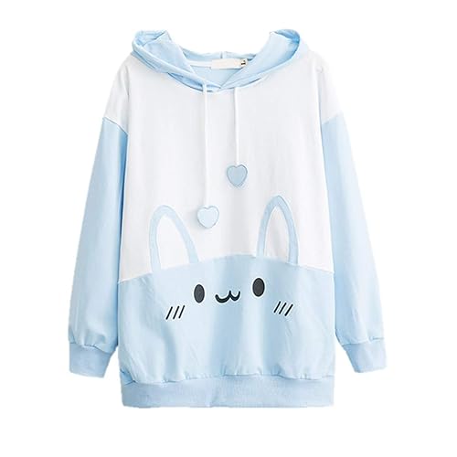 Packitcute Bunny Hoodie Kawaii Print Loose Casual Pullover Hoodie Tops - Medium - Blue