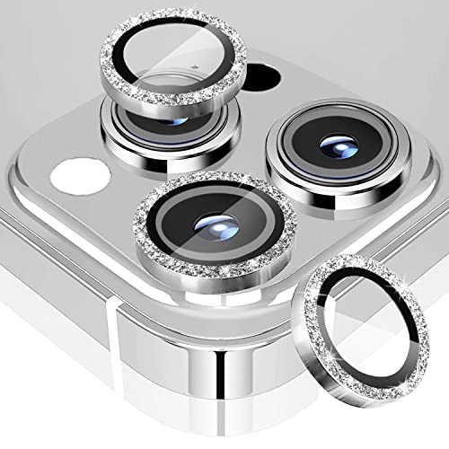 LRONFIEE for iPhone 14 Pro and iPhone 14 Pro Max Camera Lens Protector Bling Glitter Aluminium Alloy Tempered Glass Case Friendly Camera Cover for iPhone 14 Pro Max 6.7"/ 14 Pro 6.1" (1 Set) Silver - Glitter-Silver