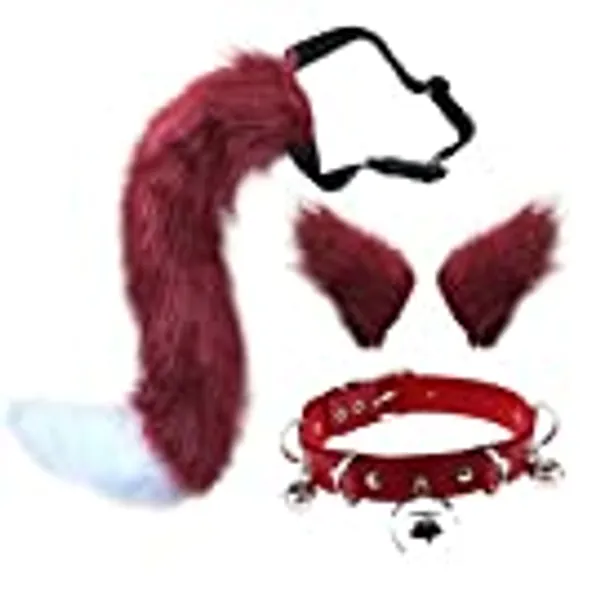 QinRuan Cat Ears and Wolf Fox Animal Tail Cosplay Costume Faux Fur Hair Clip Headdress Halloween Leather Neck Chocker Set