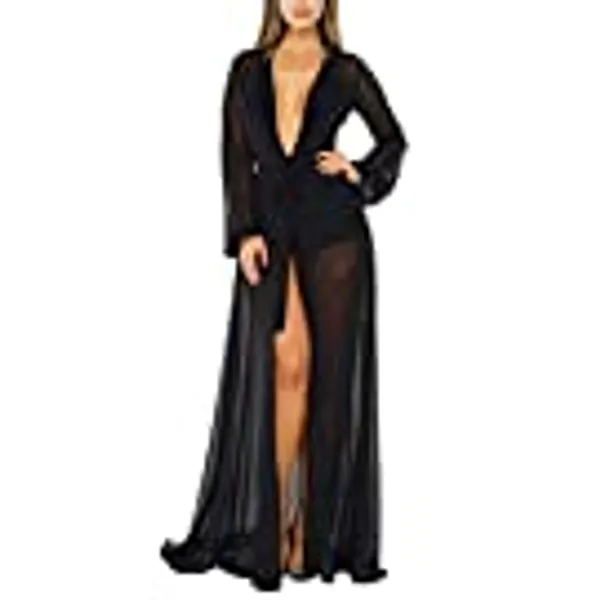 Pink Queen Women's Long Sleeve Flowy Maxi Bathing Suit Swimsuit Tie Front Robe Cover Up