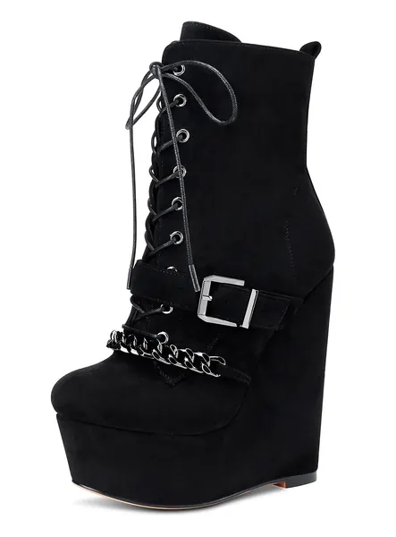 NobleOnly Womens High Heel Platform Wedge Ankle Boots Round-Toe Lace Up Rivet Boot with Zipper 6" Heel Shoes