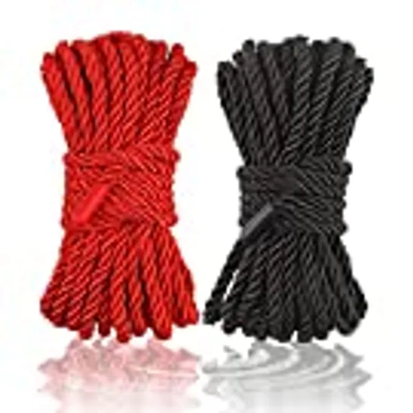 Penfeinx 2-Pack Soft Braided Twisted Silk Rope Durable Thick Rope Skin Friendly Smooth Rope 10 Meters/32 Feet 8MM Multipurpose Protecting Ending Decorative Twisted Long Satin Rope DIY Craft Black-Red