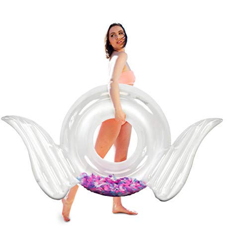 CoTa Global Inflatable Angel Wings Swim Float Ring, Confetti Transparent Lounge for Summer Pool Party Beach Lake - Premium UV Resistant Vinyl Water Tube Toy, Women Adults Kids - Transparent Feather