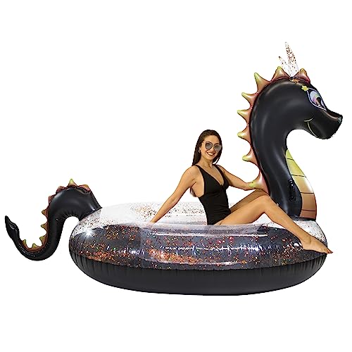 PoolCandy Inflatable 2 to 3 Person Black Glitter Filled Sea Dragon Gigantic Beach & Pool Raft. A Mighty Dragon Pool Float for The Beach, The Lake, or Swimming Pools.