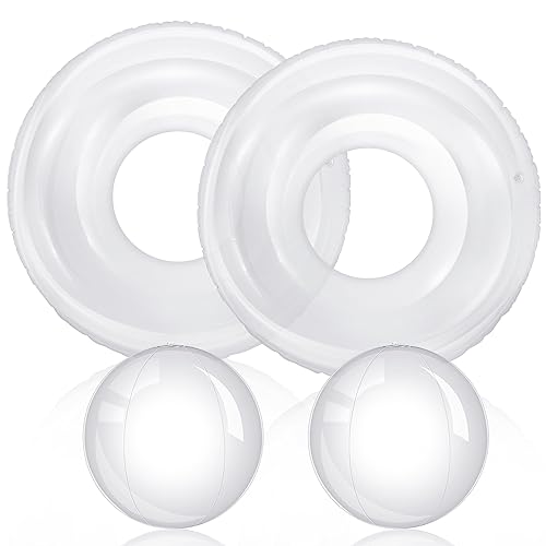 Jenaai 4 Pcs Clear Pool Float Include 47 Inch Clear Inflatable Float with 16 Inch Clear Beach Inflatable Ball for Adults Kids Summer Beach Water Play Party(Round) - Round