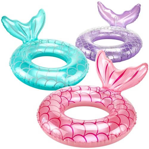 Halloscume 3 Pcs Inflatable Swimming Ring Mermaid Pool Float Tube Cute Swim Tubes Water Floats Kids Floaties for Outdoor Pool Beach Swimming Pool Party Supplies, Pink, Blue, Purple