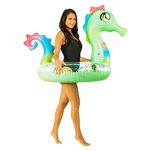 Inflatable Seahorse Pool Tube Filled with Multicolored Glitter Design by PoolCandy, 40 inch Wide Swim Ring for Kids and Adults.