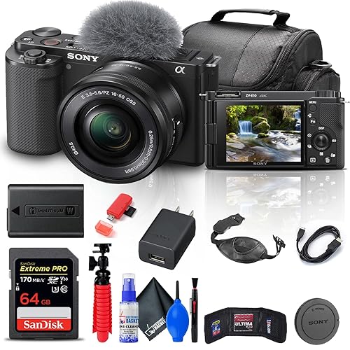 Sony ZV-E10 Mirrorless Camera with 16-50mm Lens (Black) (ILCZV-E10L/B) + 64GB Memory Card + Bag + Card Reader + HDMI Cable + Flex Tripod + Hand Strap + Memory Wallet + Cleaning Kit (Renewed)