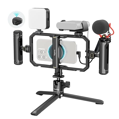 SmallRig All-in-One Universal Quick Release Phone Video Rig Kit Pro, Phone Stabilizer Rig Kit with LED Light Microphone QR Tripod Dual Handles Power Bank Holder, for Vlogging & Live Streaming - 4704