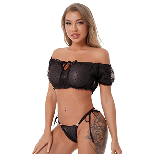 Agoky Women's Push Up Two Piece Bra and Panty Chiffon Off Shoulder Crop Top Swimsuit