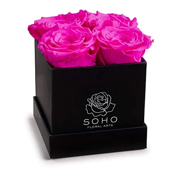 Soho Floral Arts | Roses in A Box | Genuine Roses that Last for Years (Black Square 4ct, Radiant Pink) | Mothers Day Gifts