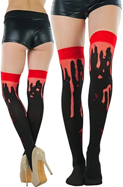 ToBeInStyle Women's Nylon Thigh High Schoolgirl Opaque Stockings - One Size - Black W/ Red Cuff & Paint Splatter