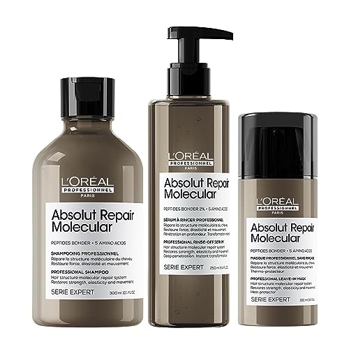 L'Oréal Professionnel Pflegetrio für strukturgeschädigtes Haar, Zur molekularen Tiefenreparatur, Mit Peptidbondern und Aminosäuren, Serie Expert, Absolut Repair Molecular Shampoo, Serum & Leave-In