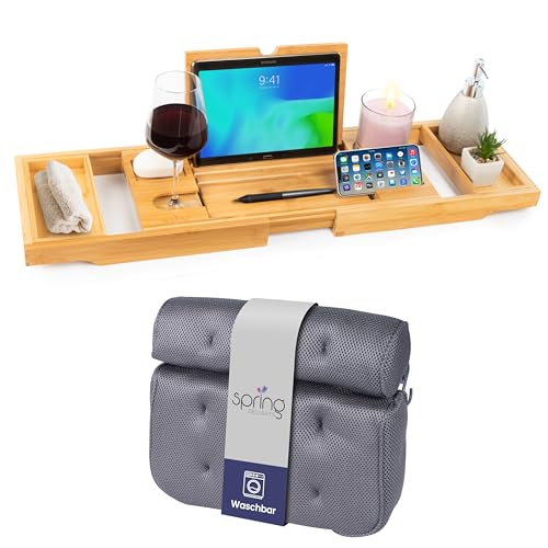 SpringDelights Badewannen-Set: Luxus Bambus Badewannenablage & Ergonomisches Badewannenkissen - Weinglashalter, Tablethalter, Handyhalter & Extra Große Saugnäpfe - Dein Ultimatives Spa-Erlebnis
