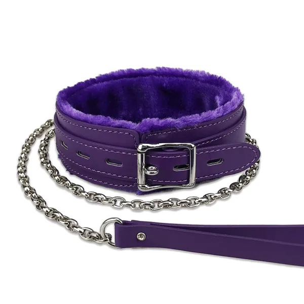 Gothic Leather Choker Collar, PU Leather Fur Lined Collars Necklace with Long and Durable Detachable Leash Chain Pet Collars, Purple - Purple