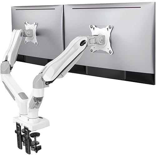 HUANUO Dual Monitor Stand - Full Adjustable Monitor Desk Mount Swivel Vesa Bracket with C Clamp, Grommet Mounting Base for 13 to 30 Inch Computer Screens - Each Arm Holds 4.4 to 19.8lbs - Whtie - White